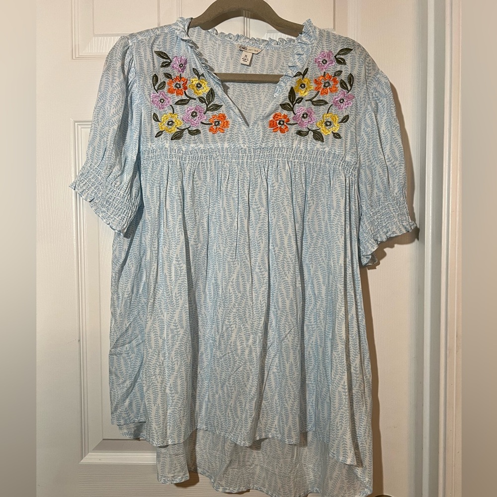 Cato Blue Tunic with Floral Embroidery